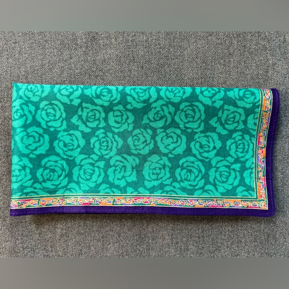 VTG Ungaro Cotton Handkerchief Green Floral Purple Trim Metallic Details Square - Picture 6 of 7